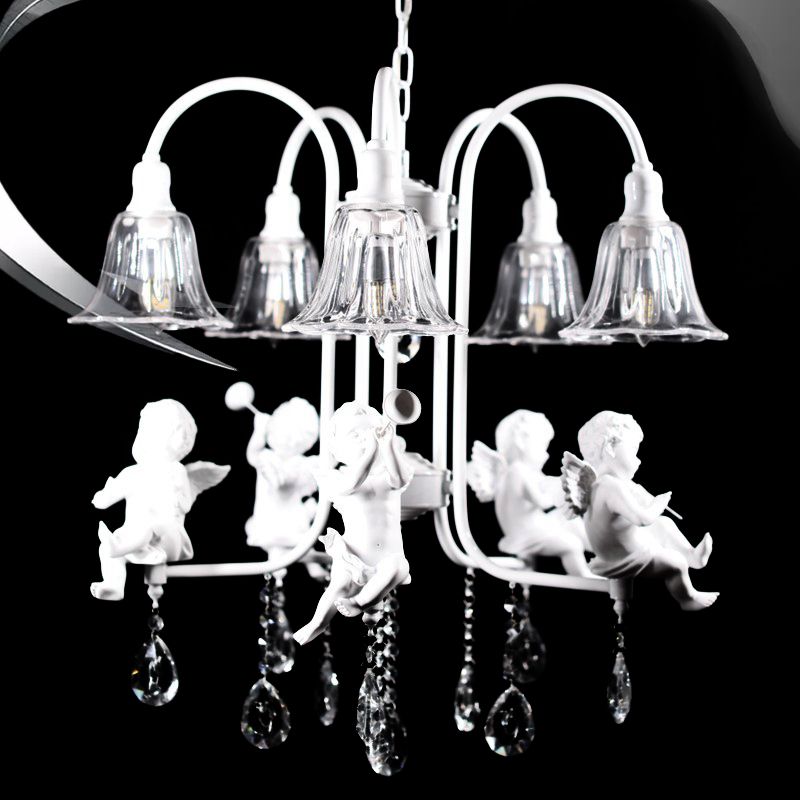 Flared Chandelier Pendant Traditional Plexiglas 5 Lights White Ceiling Light Fixture with Angels and Crystal Drop