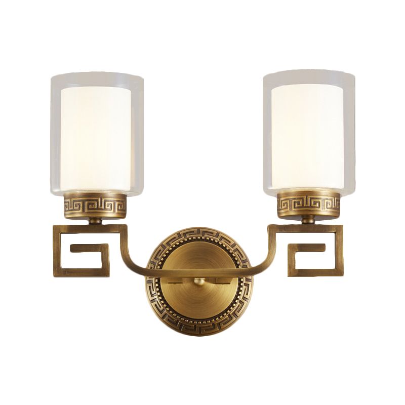 2 Bulbs Wall Sconce Light Traditional Dual Cylinder Clear and White Glass Wall Mount Lighting in Brass