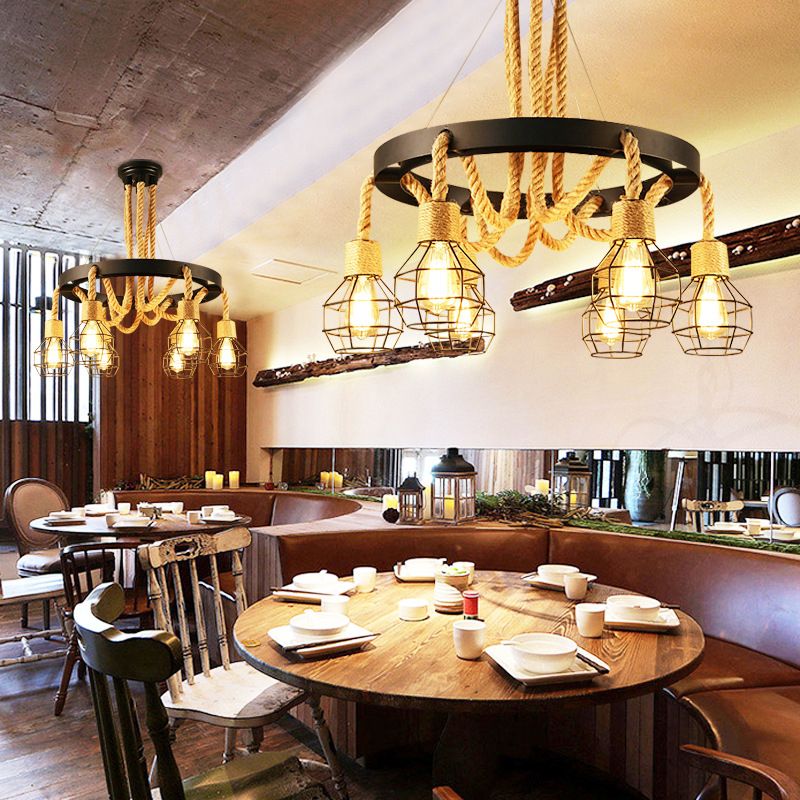 Rope Circular Pendant Light Fixtures Industrial Bar Hanging Chandelier Light