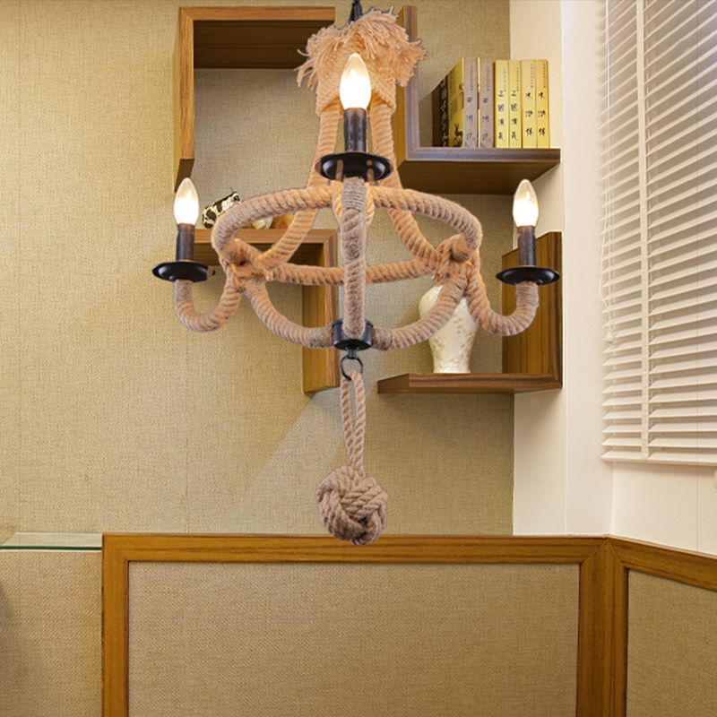 3 Heads Bowl Cage Hanging Light Country Style Brown Rope Hanging Lamp with Open Bulb for Restaurant