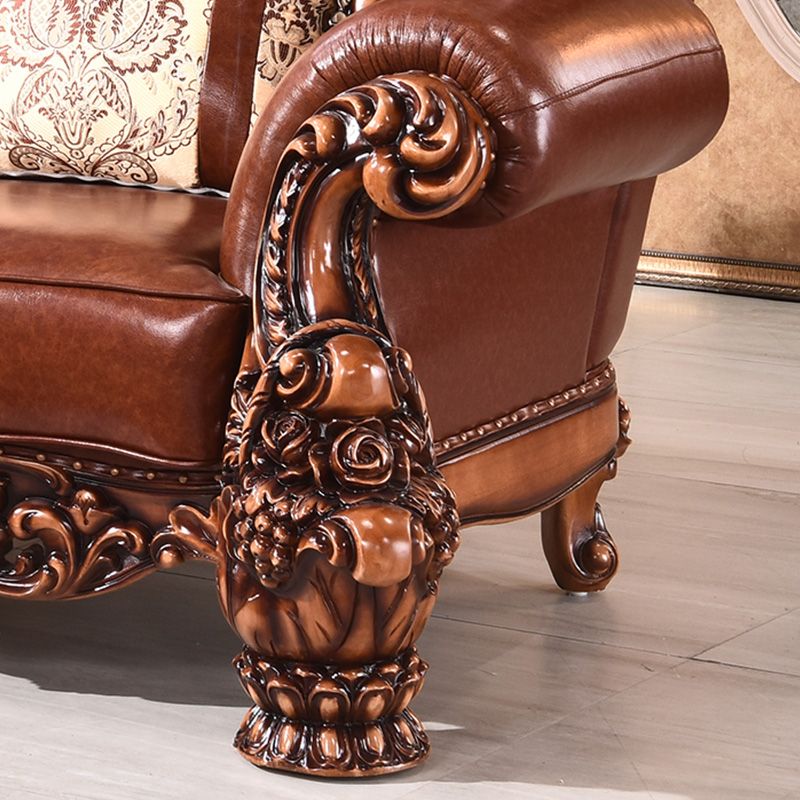 Genuine Leather Sofa Brown Tufted Split-Back Rolled Arm Sofa