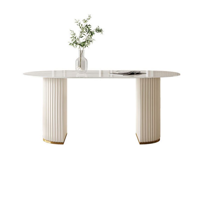 White Oval Stone Dining Table Double Pedestal Furniture for Kitchen