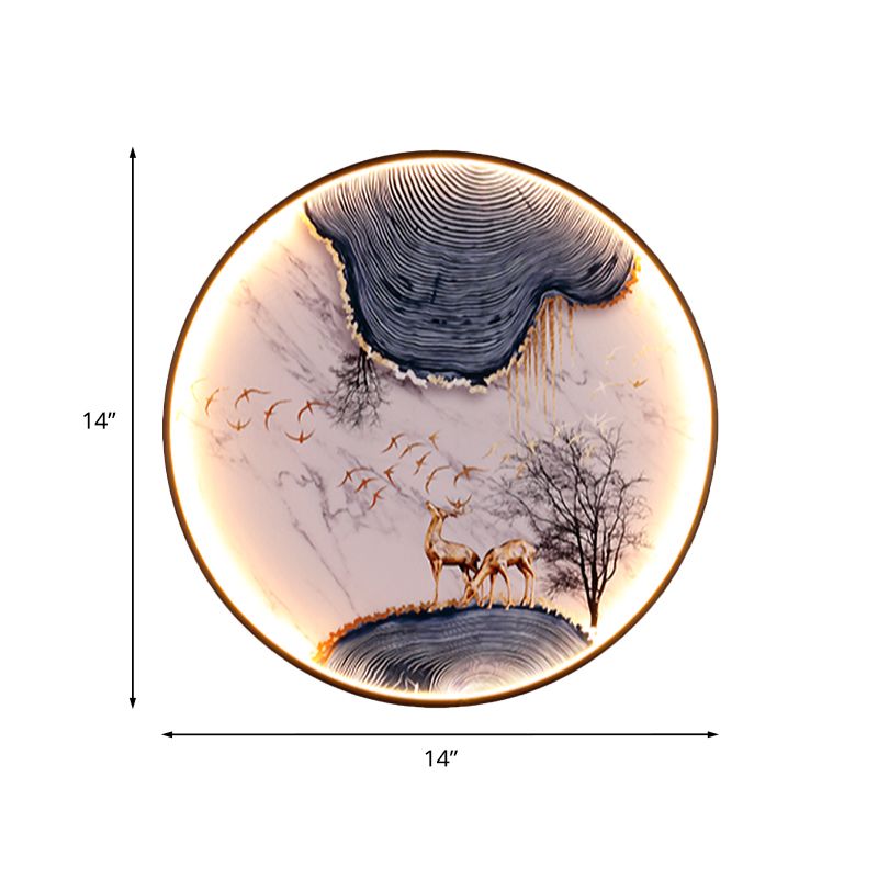 Elk/Bird Painting Wall Mural Lamp Asia Fabric Black LED Sconce Light Fixture for Tearoom