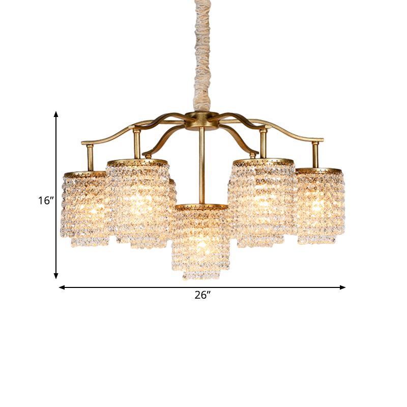Crystal Cylinder Chandelier Light Fixture Rural 7 Heads Dining Room Ceiling Pendant in Brass