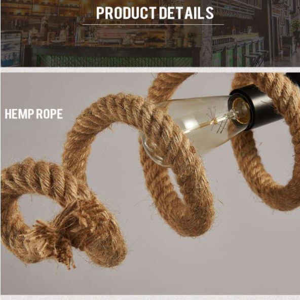 Vintage Hemp Rope Chandelier Indsutrial Retro 2 Light Linear Island Lamp for Restaurant