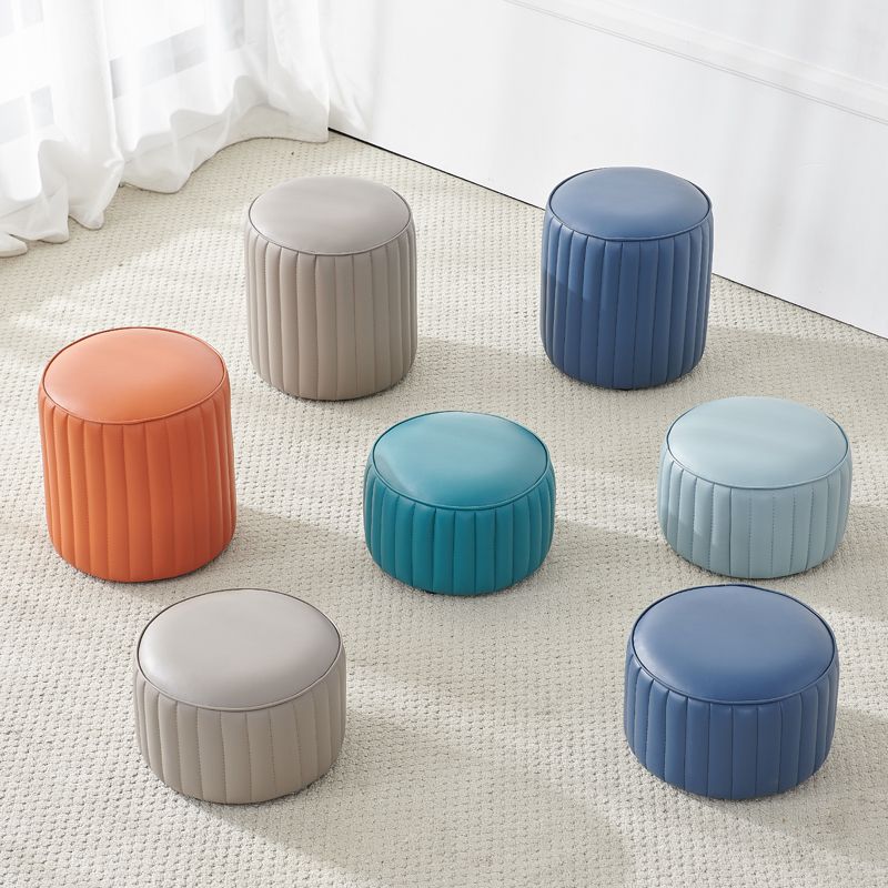 Contemporary Water Resistant Pouf Round Orange Leather Ottoman