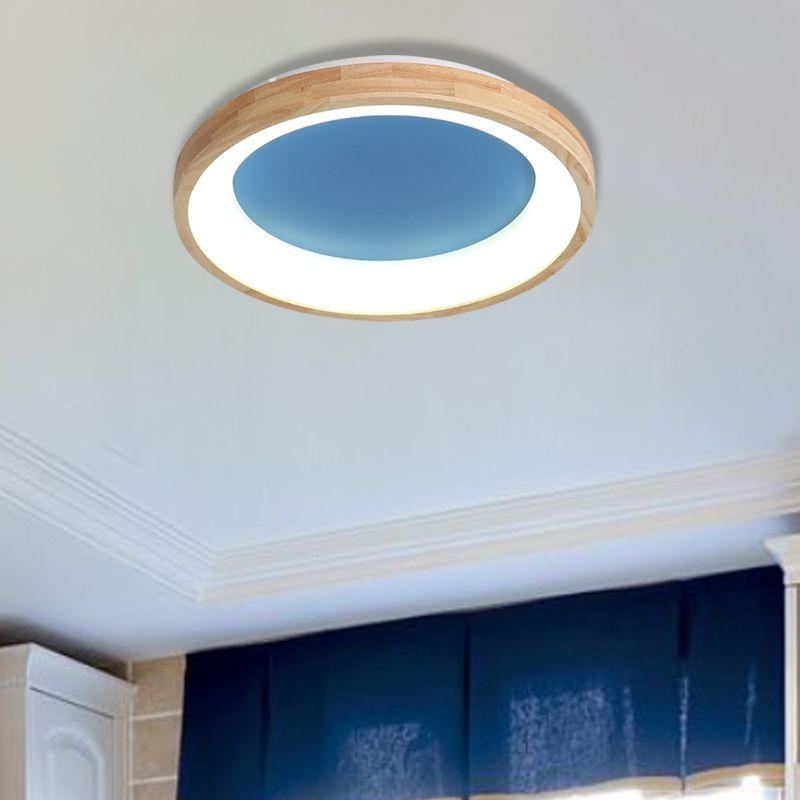 Plafonnier circulaire fin en bois, éclairage de plafond LED vert/bleu de Style nordique, largeur 12/16/19.5 pouces