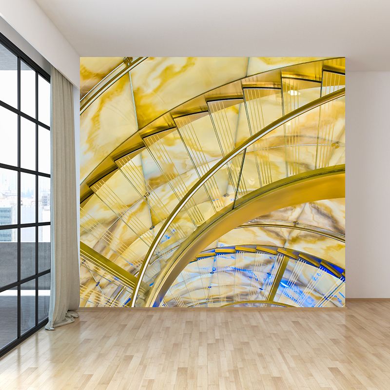 Non-Woven Washable Mural Modern Third Quarter Spiral Staircase Wall Art in Yellow