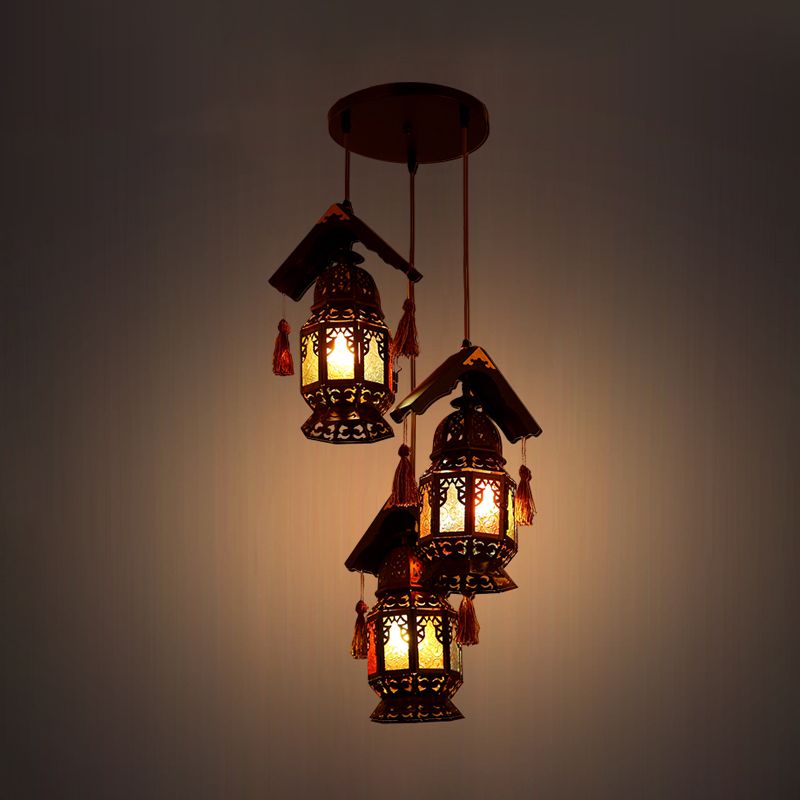 Lantern Metallic Chandelier Lamp Decorative 3 Heads Living Room Hanging Light Fixture in Bronze with Wood Roof
