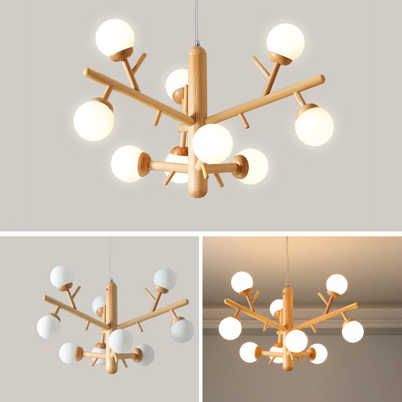 Lampadario ramo di legno moderno a ciondolo multi-testa con tonalità di vetro bianco