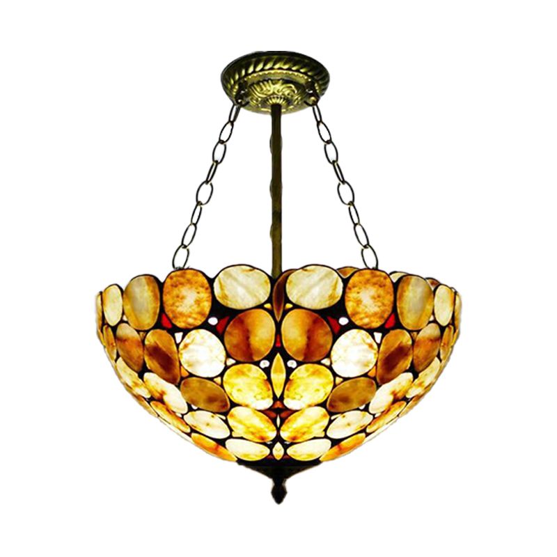3 Lights Semi Flush Mount Mediterranean Bowl Shade Stone Ceiling Lamp in Antique Brass