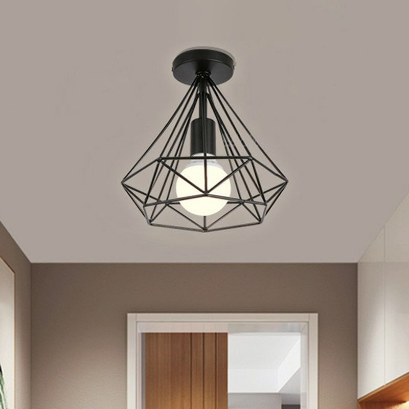 Single-Bulb Ceiling Fixture Vintage Iron Wire Geometric Flush Mount Lighting for Aisle