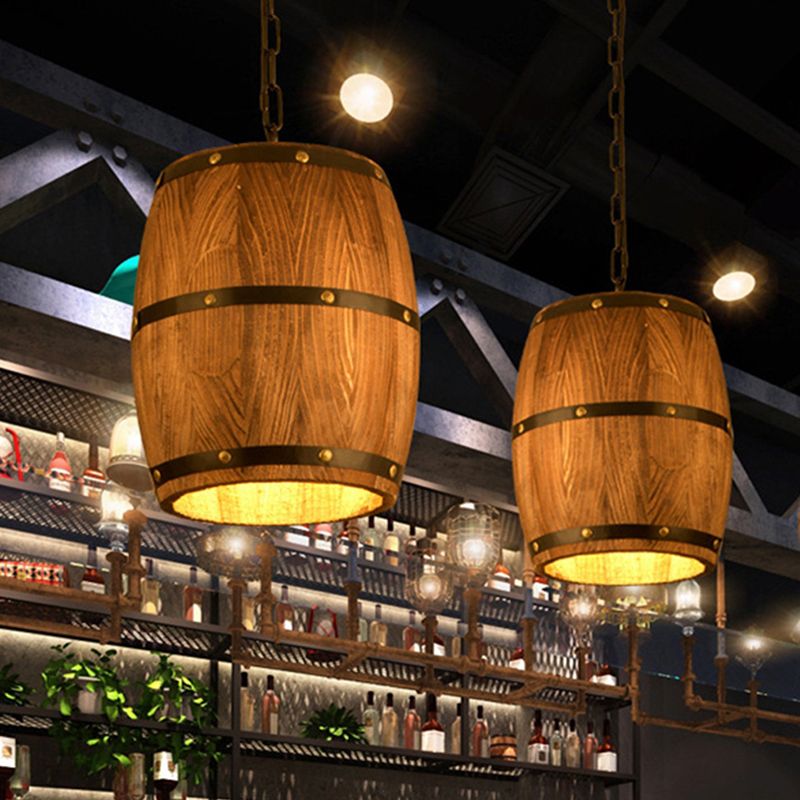 Brown 1 Light Drop Pendant Industrial Wood Bucket Hanging Lights for Bar