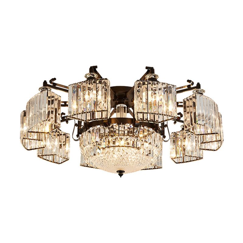 Clear Crystal Radial Flush Chandelier Traditional Living Room Semi Flush Mount Light in Black