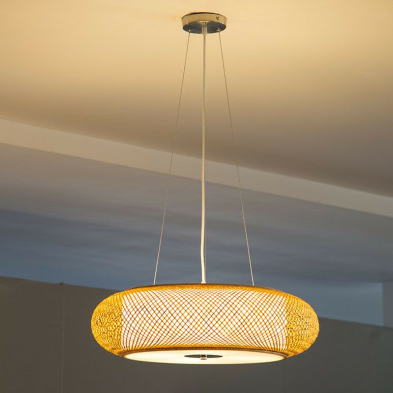 Rounded Drum Restaurant Chandelier Lighting Bamboo 3 Bulbs Minimalist Pendant Light in Wood