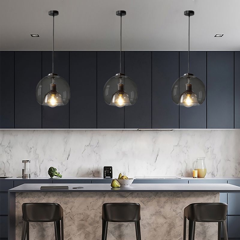 Smoke Grey Double Glass Shade Suspension Pendant 9 Inch Wide Modern Style Lighting Fixture for Bar