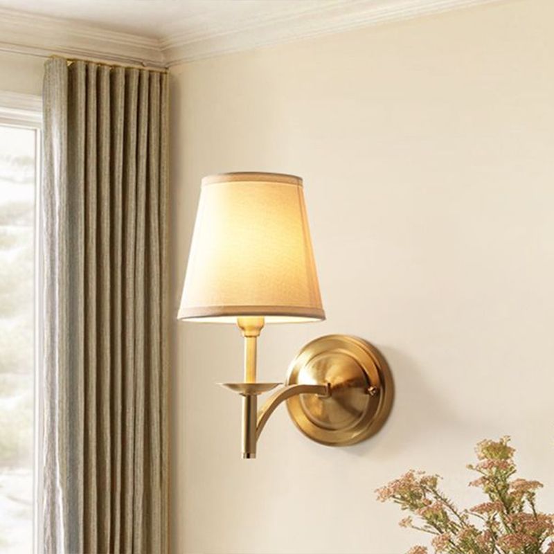 Simplicity 1-Bulb Sconce Lamp Brass Tapered Wall Light with Fabric Shade for Dining Room