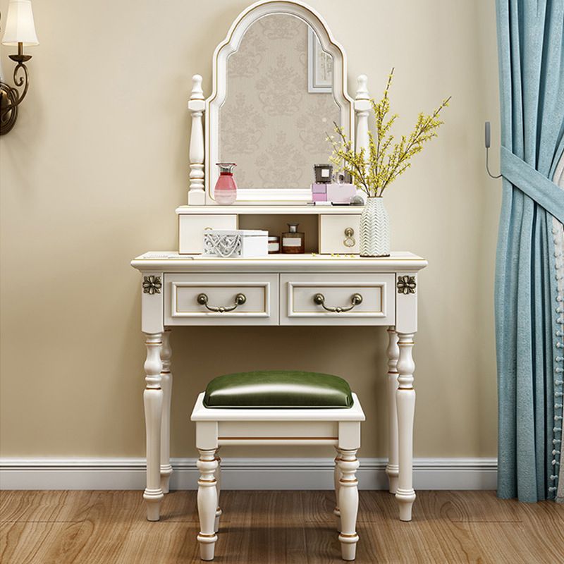 Ivory Mirrored Vanity Desk with 4 Drawers Victorian Wood Dresser