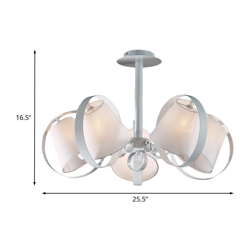 Minimalist Barrel Semi Flush Light Fabric 5 Heads Kitchen Flush Mount in White with Round Metal Cage