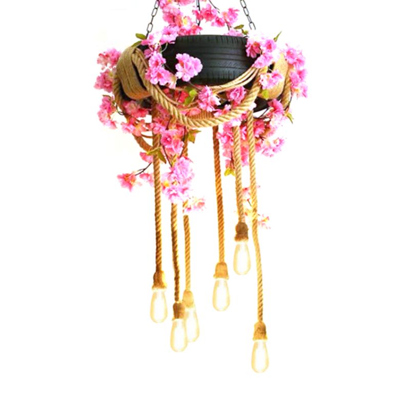 Rubber Tyre Down Lighting Warehouse 6 Lights Snack Bar Chandelier in Pink/Green/Brown with Rope Cord