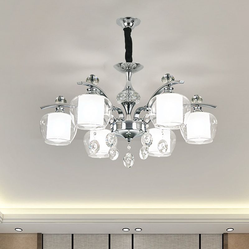 Chrome Sputnik Hanging Chandelier Modern Clear Glass 6-Light Bedroom Pendant with Crystal Drop
