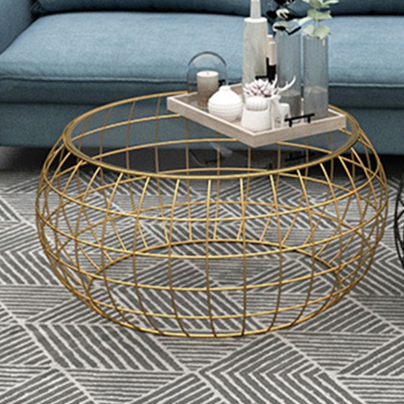 Contemporary Round Glass Top Cocktail Table with Frame Base in Iron