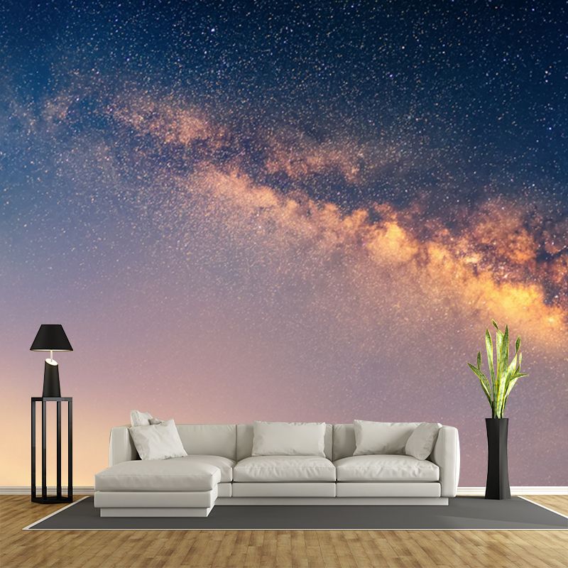 Night Sky Galaxy Printed Mural in Blue-Yellow Modernist Wall Art for Living Room