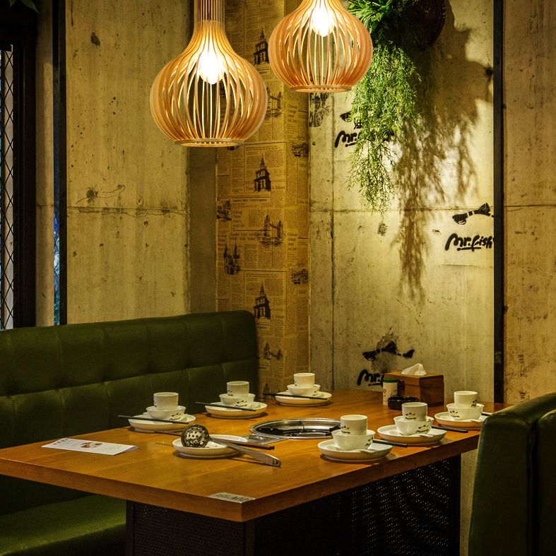 Spherical Caged Pendant Lamp Minimalist Wooden 1-Light Restaurant Hanging Light