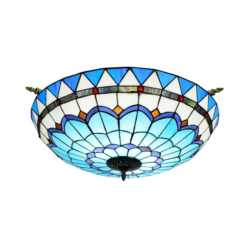 Baroque Dome Semi Flush Mount Lighting 5 Bulbs Handcrafted Stained Glass Close to Ceiling Lamp in White/Blue, 21.5"/25.5" W