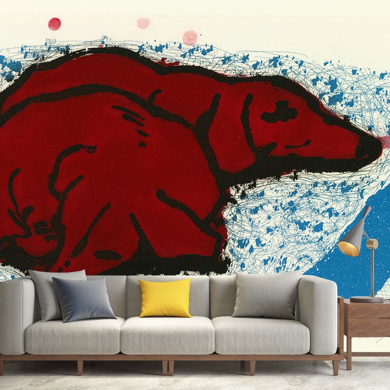 Dogs Sleep on Mat Mural Wallpaper Red-Blue Art Deco Wall Covering for Kids Bedroom