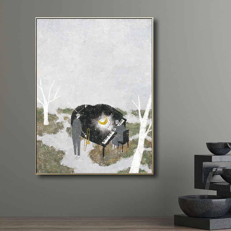 Piano Performance in Wilds Canvas Childrens Art Textured Wall Decoration in Grey