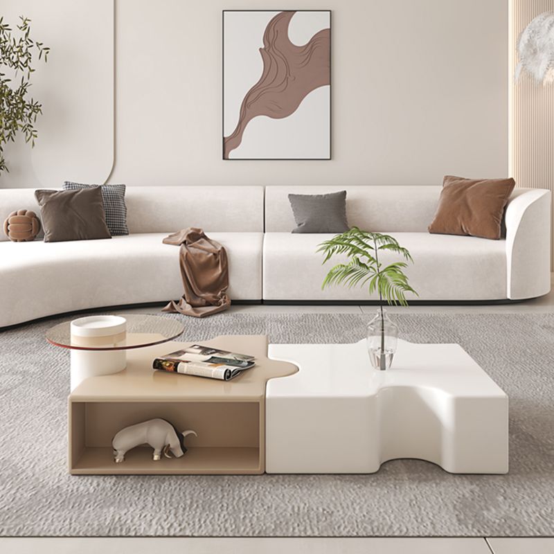 Abstract Coffee Cocktail Table with Storage White Wooden Modern
