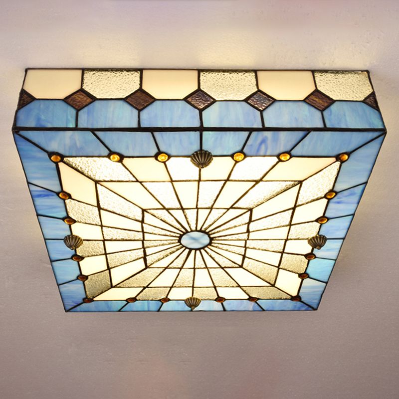 12"/16" W Blue Square Flushmount Light Tiffany Style Stained Glass 1 Light Ceiling Light Fixture for Dining Room
