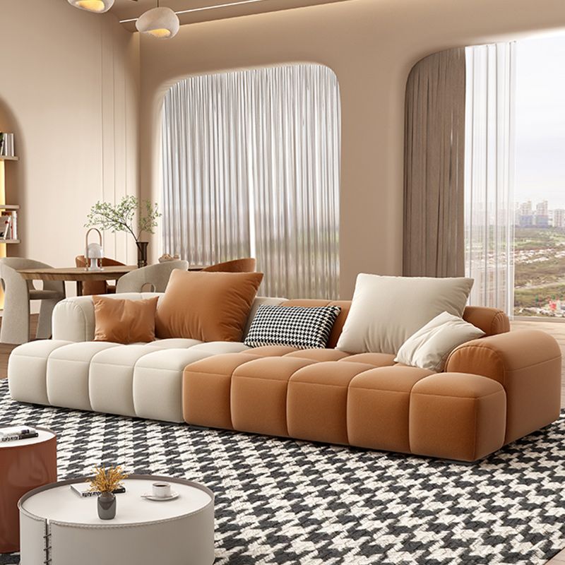 Recessed Arm Sofa Contemporary L Faux Leather Sofa with Pillows