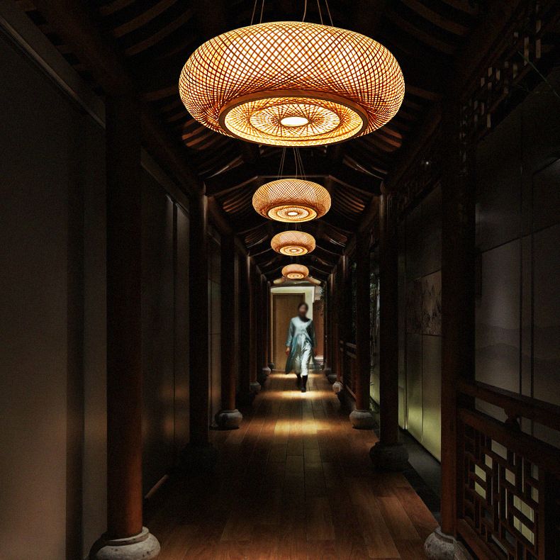 Bambuswebe runde hängende Lampe Chinesische Holzhängeberslicht für Schlafzimmer