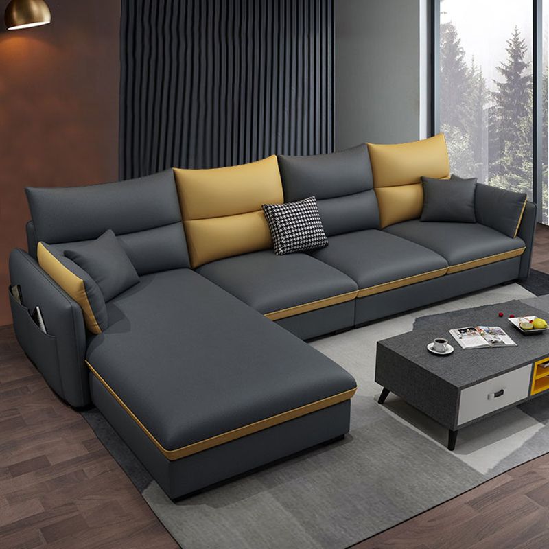 Square Arm Pillowed Back Cushions 4-Seater Sectional Sofa with Chaise