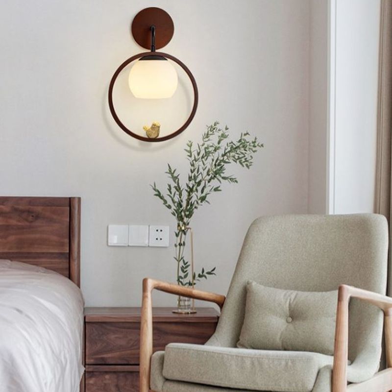 Round Shape Wood Vanity Sconce Light Modern Style 1-Light Vanity Mirror Lights