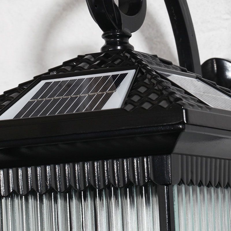 Ribbed Glass Squared Solar Wall Mount Light Retro Outdoor LED Wall Lighting in Black