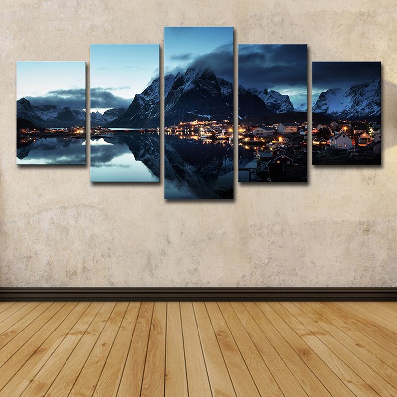 Modern Canvas Print Dark Blue Mountain Village by the River Night Scenery Wall Art