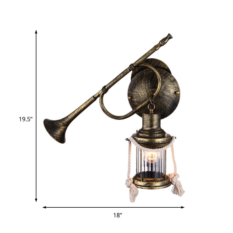 One Bulb Wall Light with Lantern Shade Clear Ribbed Glass Coastal Bedroom Sconce Lighting Fixture with Trumpet