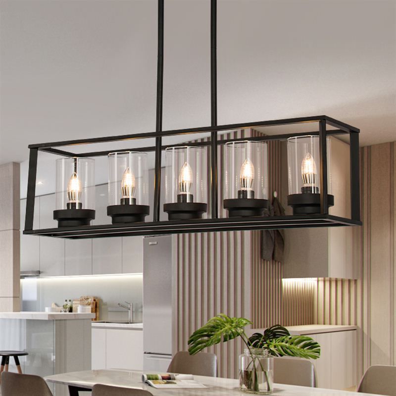 5 Lights Candlestick Shape Island Light with Clear Glass Shade Rectangular Wrought Iron Cage Industrial Style Hanging Pendant