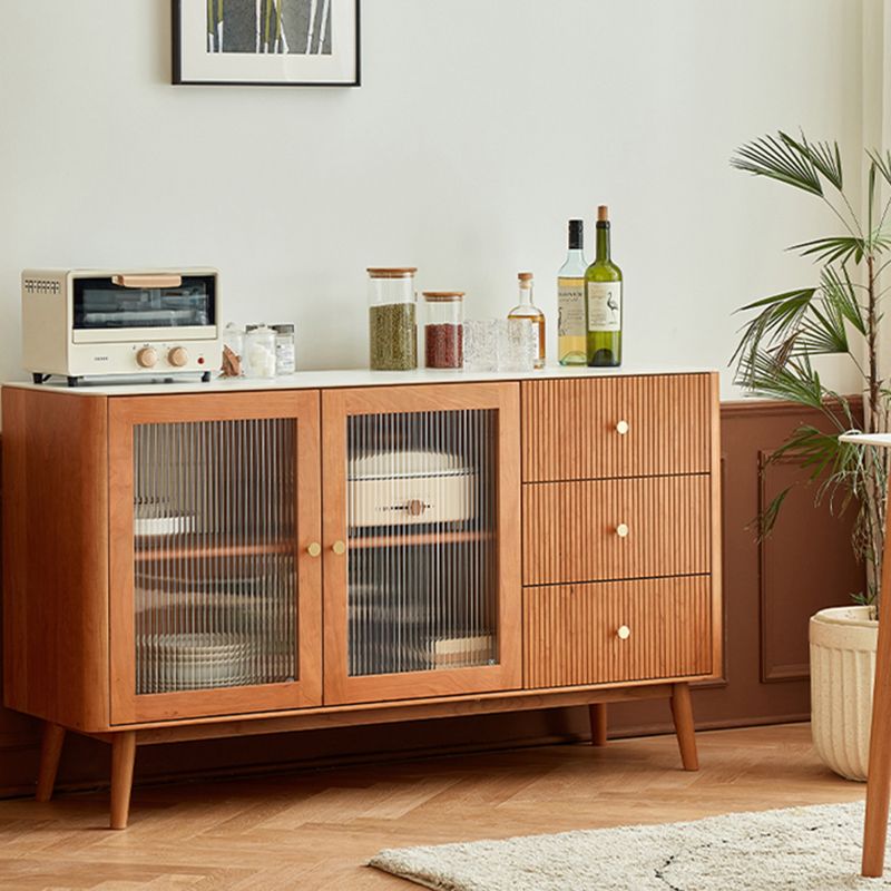 Stone Top Sideboard Modern Cherry Wood with Glass Door in Teak