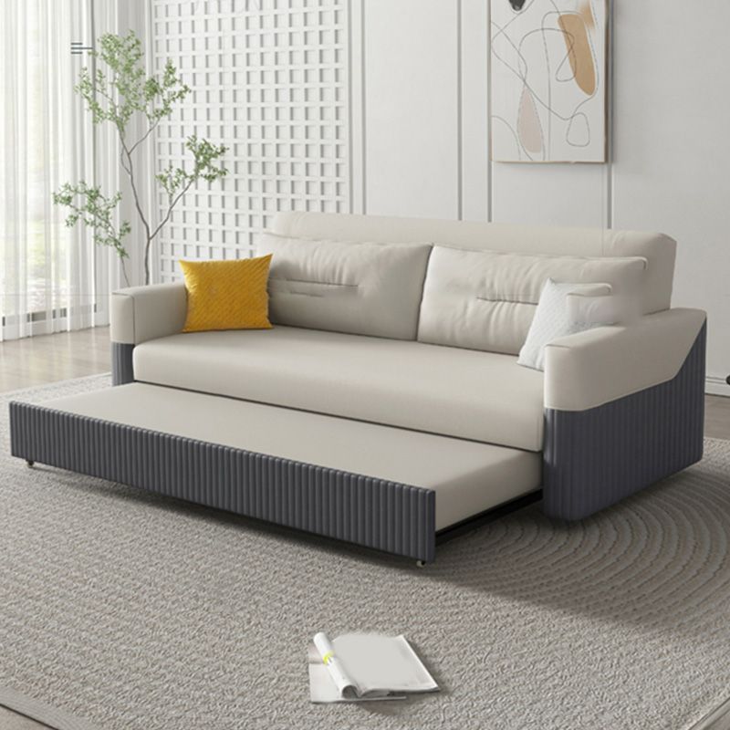 Grey and White Convertible Leather Sofa Square Arm Sofa Bed with Wooden Frame