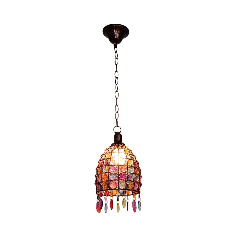 Art Deco Dome Ceiling Light 1 Light Stained Glass Drop Pendant in Rust for Restaurant