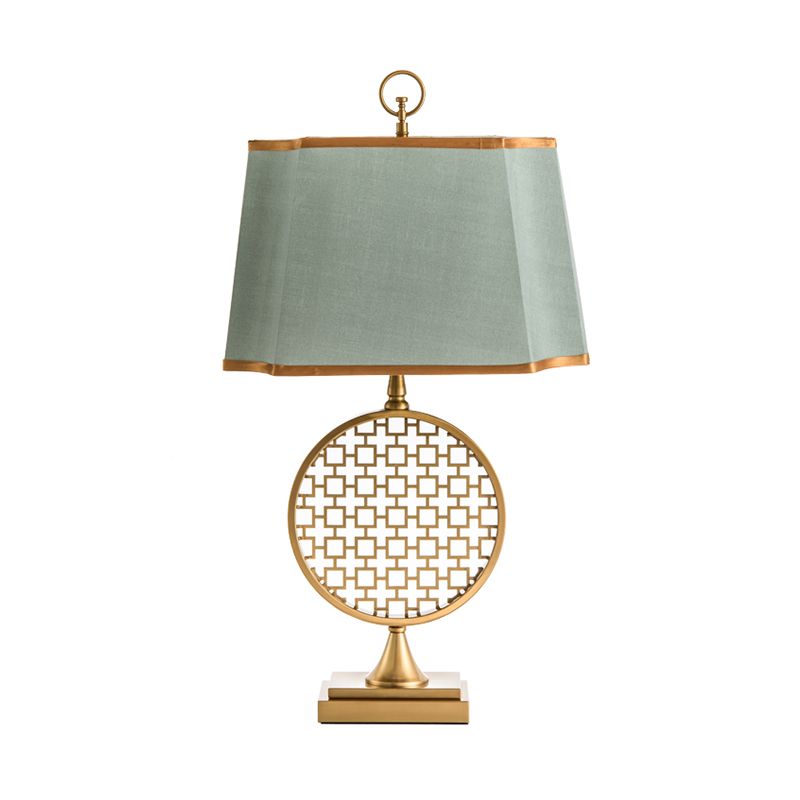Chinese Style 1 Head Night Light Gold Drum Shape LED Desk Lamp with Green Fabric Shade