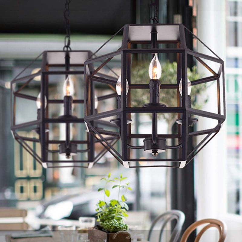 Metal Geometric Hanging Chandelier Traditional 3 Lights Living Room Pendant Light in Black with/without Shade