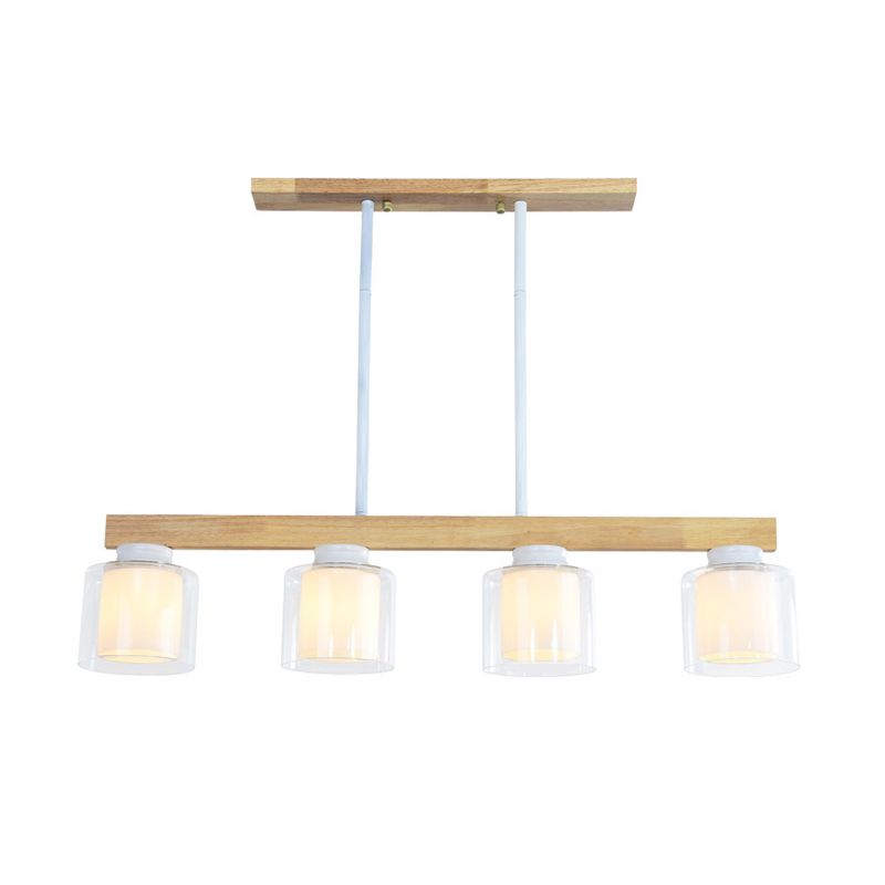 Nordic Linear Island Light Wood 3/4 Heads Dining Room Hanging Lamp with Cylinder White Glass Shade Inside