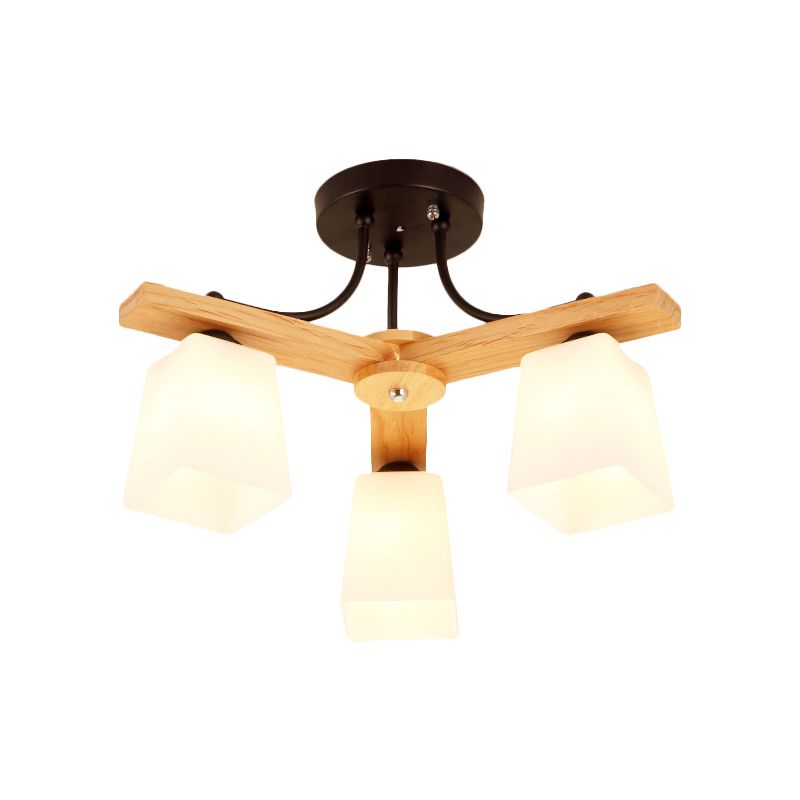 3/6/8 Lights Living Room Semi Flush Nordic Black and Wood Flush Mount Ceiling Chandelier with Square Milk Glass Shade