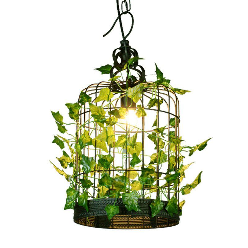 Green Hanging Ceiling Light Country Style Wire Cage Iron Chandelier with Artificial Vine for Restaurant