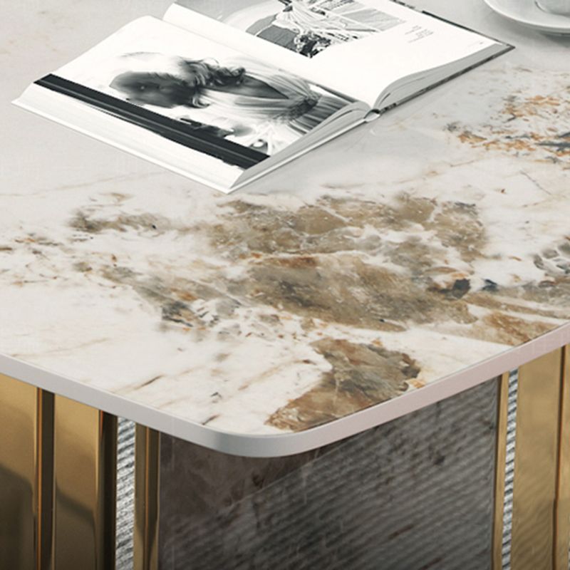 Glam Rectangle Stone Dining Table Metal Bases for Living Room